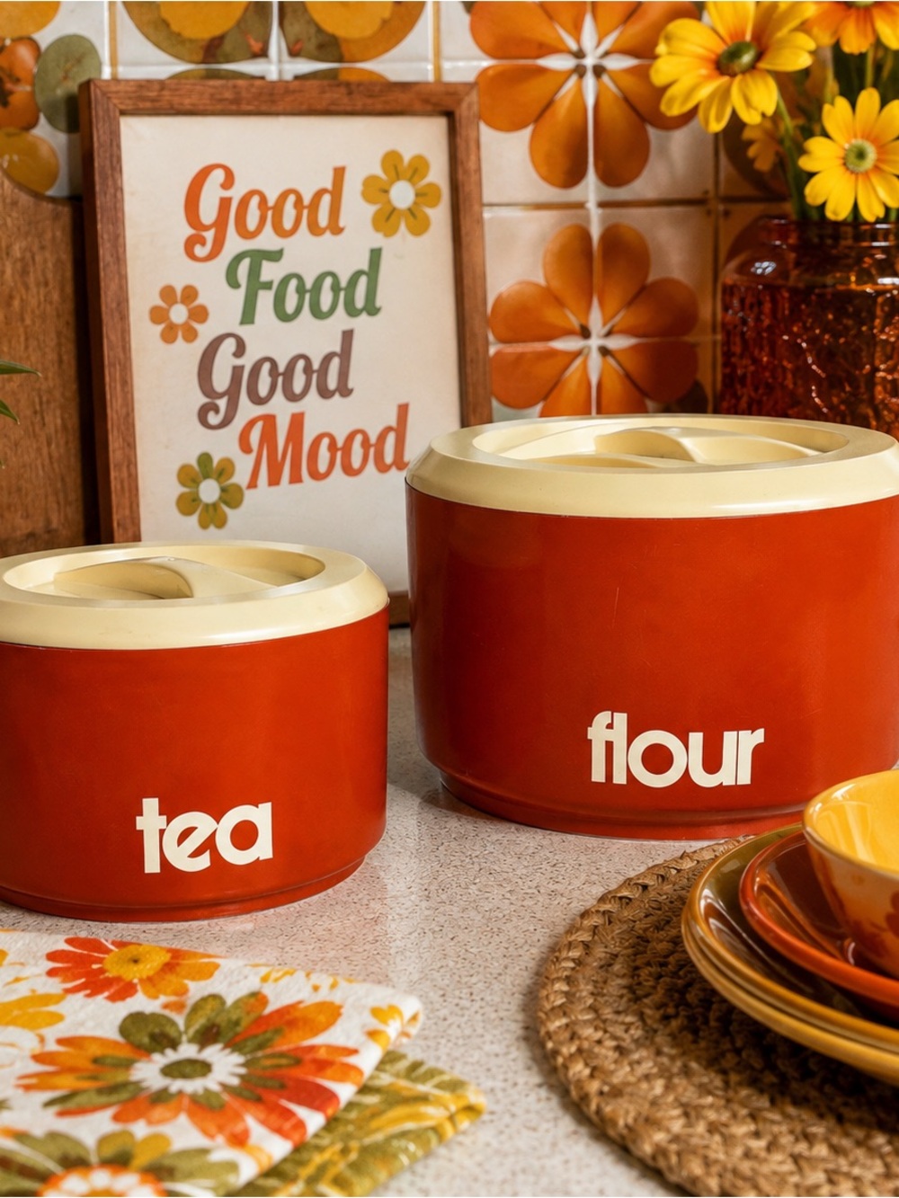Vintage Sterilite Retro Kitchen Canister Set – Tea & Flour – 1970s Mid-Century